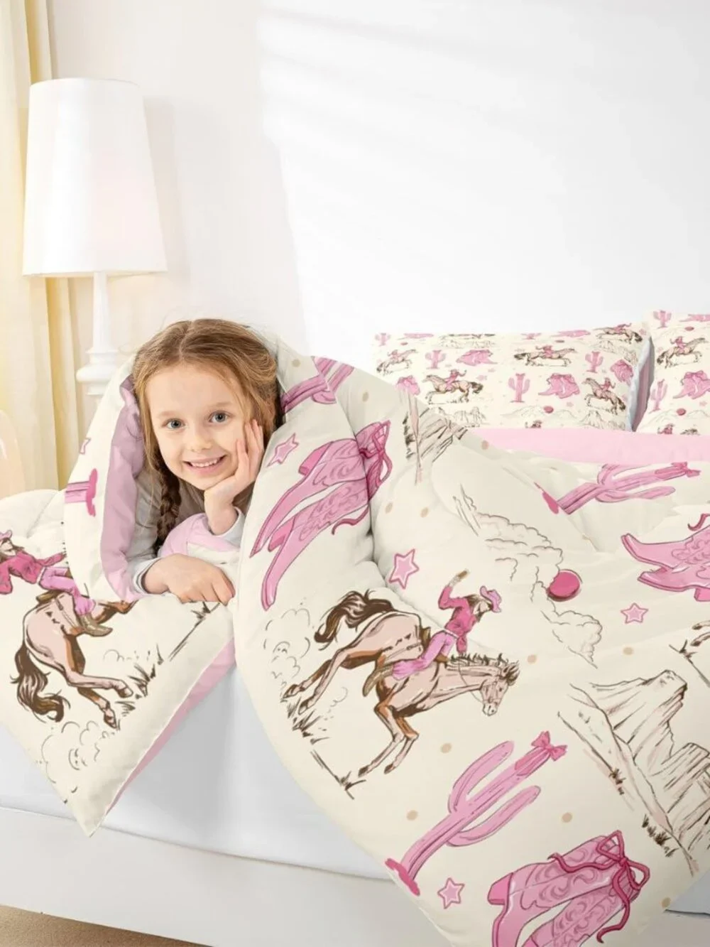 Retro Western Horse Twin Comforter Set for Girls,Pink Cowgirl Boots and Bows Bed